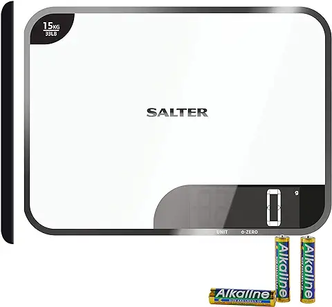 Salter 1079 WHDR Báscula de Cocina Electrónica, Máx. 15 kg, Corta y Pesa, mide Líquidos, Función de "añadir y Pesar", Compacta, Pantalla Fácil de Leer, Acabado Espejado, Unidades Métricas/imperiales  