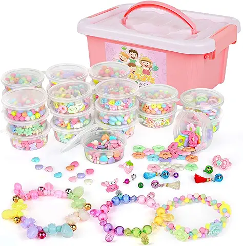 Sanlebi Niños Bricolaje Conjunto de Cuentas, 2000 PCS Abalorios para Hacer Pulseras Collares Anillos Kit Manualidades Juego de Hacer Bisuteria para Niñas  