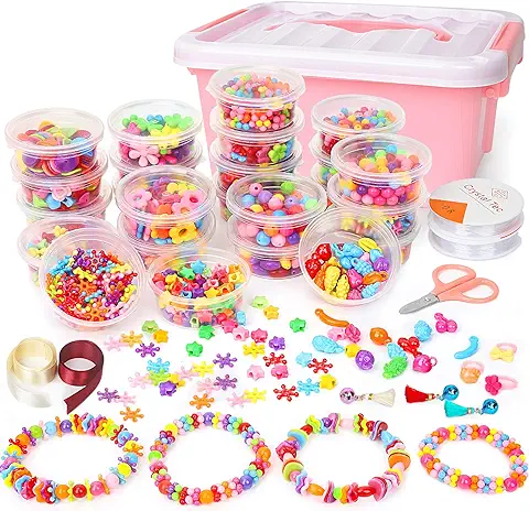 Sanlebi Niños Bricolaje Conjunto de Cuentas, 2000 PCS Abalorios para Hacer Pulseras Collares Anillos Kit Manualidades Juego de Hacer Bisuteria para Niñas  