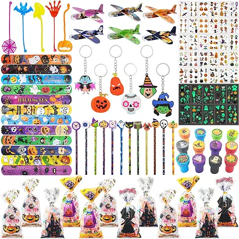 SANLIUSANJIU 130 Piezas Juguetes de Halloween, Relleno Piñata Halloween, Niños Regalos Cumpleaños Gadgets Fiesta, Niños Sellos Tatuajes Pulseras Slap Regalo Bolsas  