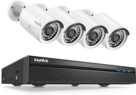 SANNCE Kit de Videovigilancia PoE 8CH NVR 4K HD, Cámara de Seguridad IP 3MP 4 con Sistema de Vigilancia LED, Visión Nocturna EXIR Hasta 30m-Sin HDD  