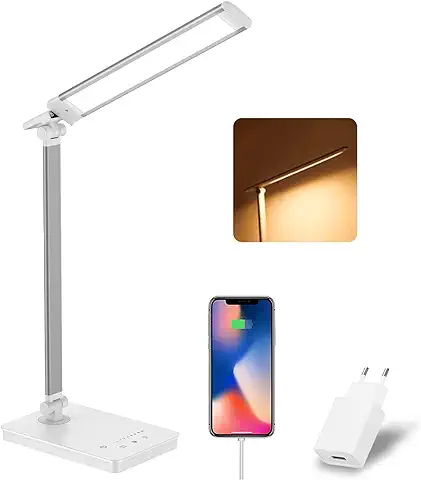 Saponhonix Lámpara LED Escritorio, Regulable Flexo LED Escritorio, 5 Modos 5 Niveles de Brillo, Control Táctil, Puerto USB, 45 Min Temporizador, Luz Mesa Cuidado de Ojos para Oficina, Dormitorio  