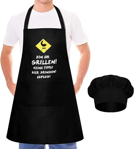 SATINIOR Juego de Gorro y Delantal Gorro de Cocinero Elástico Delantal de Chef de Barbacoa Delantal de Cocina Ajustable con Bolsillos para Hombres Mujeres Adultos Cocinas Regalos Obsequios, Negro  