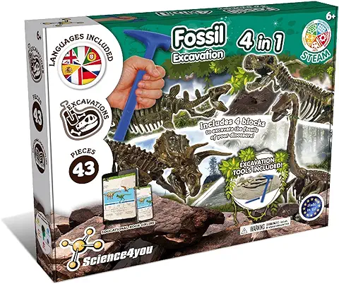 Science4you - Excavaciones Fósiles 4 en 1 - Kit Paleontologia para Niños 6+ Años, Excava 46 Fosiles de 4 Dinosaurios, Juguete Científico y Educativo con Dinosaurios para Niños +6 Años