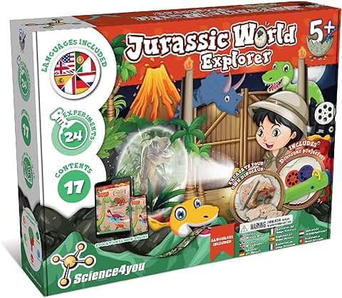 Science4you Jurassic World Explorer - Juguete Dinosaurios para Niños 4+ Años, Juego con 24+ Experimentos y Manualidades: Huevo Dinosaurio, Figura Dinosaurio, Volcán, Linterna Proyector, Fosiles  