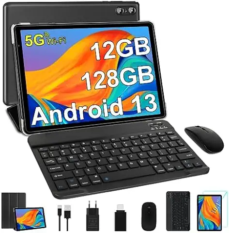 SEBBE Tablet 10 Pulgadas Android 13 Tablet PC 12GB RAM + 128GB ROM TF 1TB Octa-Core 2.0 GHz, Google GMS | Bluetooth 5.0 | 5G WiFi | 6000mAh | 1280 * 800 | 5MP+8MP, Tablet con Teclado y Raton Negro  