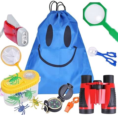 SeeKool Kit de Exploración para Niños 15 en 1,Prismáticos, Linterna LED de Mano, Brújula, Lupa, Silbato, Regalo de Cumpleaños para Niños de 3-10 Años Juego de Explorador Jugar para Niños  