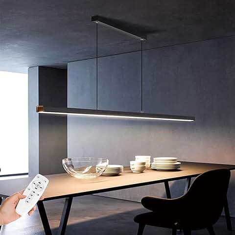 SENFAY Lampara Techo Colgante LED Regulable Negra, Moderna Lampara Comedor de Diseño Lineal con Mando a Distancia, Altura Ajustable 52W Lampara Colgante Techo para Salón Comedor Cocina Oficina, L150cm  