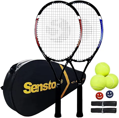 Senston Raquetas de Tenis para Adultos de 27 Pulgadas, Juego de Raquetas de Tenis para 2 Jugadores con 3 Pelotas, 2 Agarres, 2 Amortiguadores de Vibración  