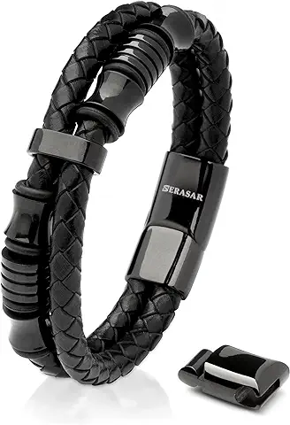 SERASAR Pulsera de Cuero Premium para Hombre | Cerradura Magnética de Acero Inoxidable Negro Plata Oro | Joyero | Gran Regalo  