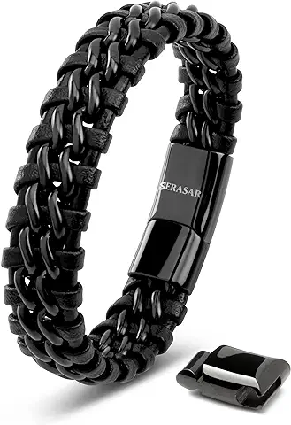 SERASAR | Pulsera de Cuero Premium para Hombre en Negro | Cerradura Magnética de Acero Inoxidable en Negro, Plata y Oro | Joyero Exclusivo | Gran Idea de Regalo  