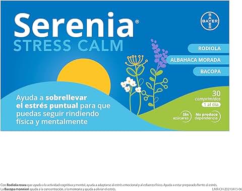 Serenia Stress Calm, Complemento Alimenticio con Rhodiola, Bacopa y Albahaca Morada que Ayuda a Sobrellevar el Estrés Puntual, 30 Cápsulas  