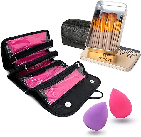 Set 12 Brochas De Maquillaje Profesional, Incluye 2 Esponjas y Estuche Neceser, Ideal para Todo Tipo De Maquillaje, Brochas y Pinceles  