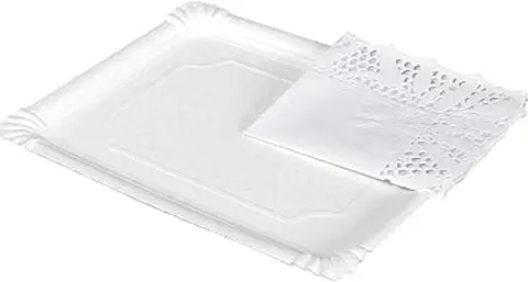 Set con 6 Bandejas de Cartón Rectangulares de Color Blanco, de 31 x 38 cm, con Blonda Decorativa, Pack de 6 Fuentes de Cartón para Pasteles, con Encaje de Papel, Especial para Fiestas o Celebraciones  