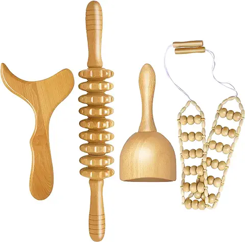 Set de 4 Maderoterapia Kit Masajeador Rodillo Anticelulitico de Madera Drenaje Linfático Gua Sha Masajeador para Cuello, Piernas, Espalda y Cuerpo Alivio del Dolor y Relajación  