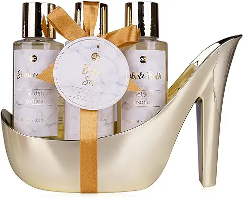 Set de Baño Accentra set de Regalo para Mujer MÁRMOL con Tacón alto - set de Cuidado de 3 Piezas con Gel de Ducha, Baño de Burbujas y Loción Corporal – Cumpleaños, día de San Valentín & Navidad (Oro)  