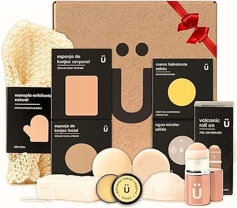 Set de Cuidado Corporal NATURBRÜSH - Kit de Regalos Originales para Mujer - 7 Productos Naturales - Agua Micelar, Crema Hidratante, Guante Exfoliante Corporal, Esponjas Konjac - Caja de Belleza  
