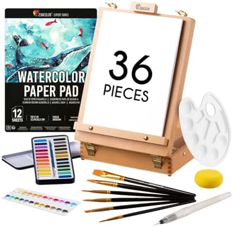 Set de Pintura de Acuarelas (36 Piezas) Zenacolor - Kit Acuarelas Profesionales : caja de Almacenamiento y Caballete 2 en 1, kit de Paleta de Acuarela 24 Colores, 6 Pinceles, 1 Cuaderno y Accesorios  