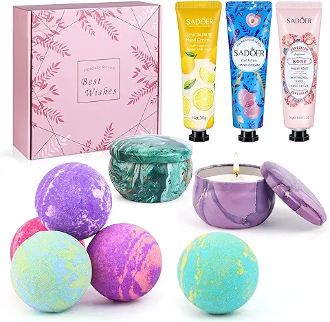 Set de Regalo de Bombas de Baño, 5 Sales de Baño con Aceites Esenciales, 2 Velas Perfumadas Aromáticas, 3 Crema Manos, Spa Relajante Baño de Burbujas Regalos para Mujer, Madre, Valentín y Navidad  