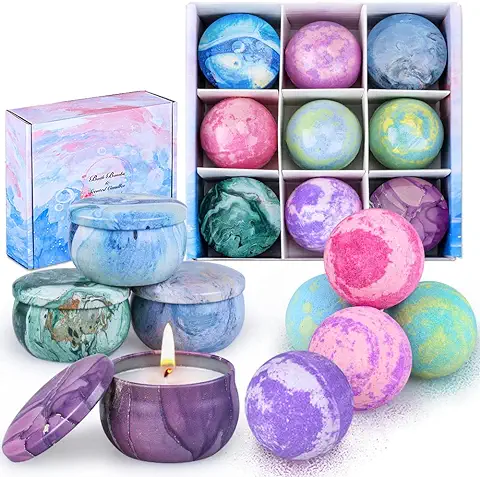 Set de Regalo de Bombas de Baño, OFUN 5 Sales de Baño con Aceites Esenciales con 4 Velas Perfumadas Aromáticas, Spa Relajante Baño de Burbujas Regalos para Mujer, Madre y Hombre, Valentín y Navidad  