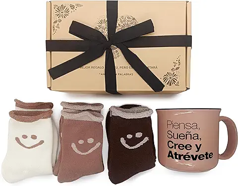 Set de Regalos Originales para Mujer con Calcetines Calentitos y con Carita Feliz y Taza Inspiradora " Piensa, Sueña, Cree y Atrévete " - Perfecto Regalo Cumpleaños Mujer y Otras Ocasiones  