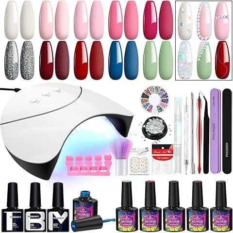 Set Manicura Semipermanente, Kit Uñas Semipermanentes Phoenixy 10 Colores de Gel de Uñas con Lámpara de 36W, Uñas Semipermanentes Kit Completo para Principiantes  