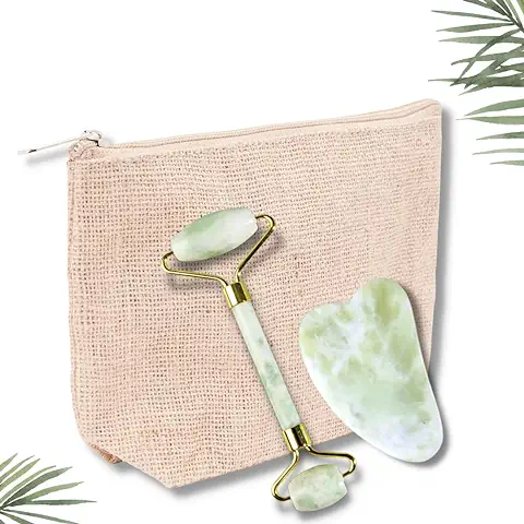 Set Masajeador Facial Piedra Gua Sha-Rodillo de Jade-100% Natural - Incluye Neceser con Fibras Naturales - Rodillo Masaje Facial - Guasha Facial Jade - Masajeador Manual - Regalo Original Mujer.  