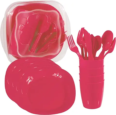 Set Vajilla Picnic para 4 Personas - Kit Camping con Juego de Platos, Cubiertos y Vasos Menaje (Rojo)  