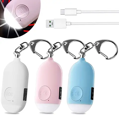 Shackcom 3 pcs Alarma Personal Autodefensa,Alarma Personal de Emergencia,Llaveros,130 Decibeles Alarma Seguridad Recargable con Función de Iluminación LED para Mujeres,Ancianos - Rosado&Blanco&Azul  