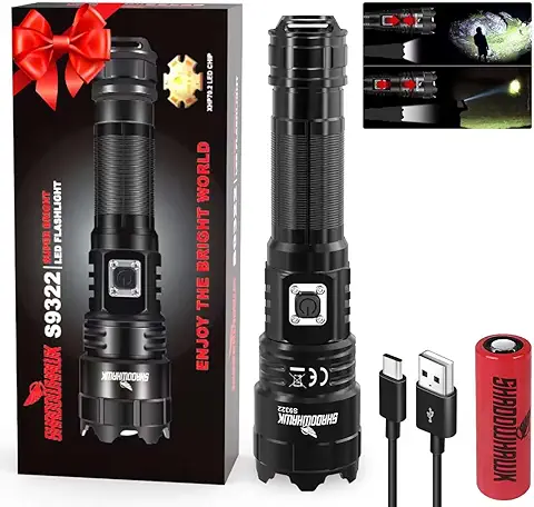 Shadowhawk Linternas LED Alta Potencia Recargable, 20000 Lumenes XHP70.2 Linterna Potente, Linterna Tactica Militar USB Flashlight, Profesionales IP67, para Emergencia Camping (con Batería de)  