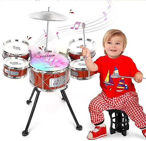 Shayson Batería Niños Instrumento con Luces, Batería Infantil Jazz 5 Tambores Percusión con Taburete, Juguetes para Niños Musical Educativos Niños y Niñas de 3 4 5 6 7 Años  