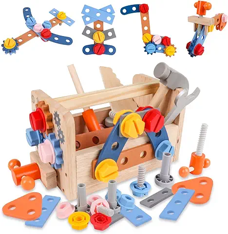 Shinescent Caja de Herramientas de Juguete de Madera con 38 Piezas Juegos de Construcción de Madera Juguetes de Bricolaje para Niños Regalo Educativo para Niños Mayores de 3 Años  