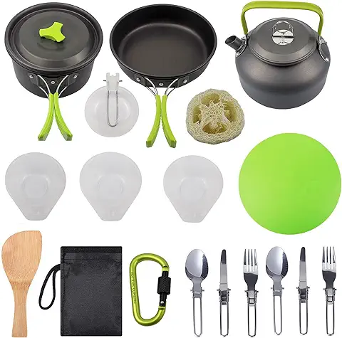 SHJOEE Kit de Utensilios de Cocina de Camping Cookware Kit Picnic Ollas Cocina Camping Juego de Vajilla 2-3 Personas Ollas de Aluminio Ligero Plegables para Camping Vajilla para Cocinar al Aire Libre  