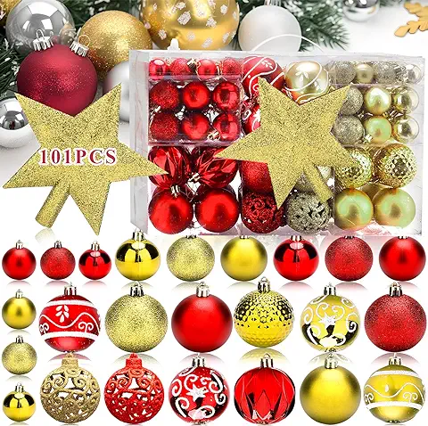 Shrubz 101 Piezas Bolas de Navidad, Bolas De Arbol De NavidadRegalos de Navidad Set Plastico Adornos Navideños Decoración de Bolas Juego Oro y Rojo para Decoración Navideña el Hogar Festival  