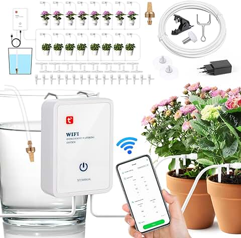 Sistema de Riego Automático WiFi para Plantas de Interior, Kit de Riego por Goteo de Bricolaje con 12M Manguera y Gotero, Modo de Riego Automático/Manual/Retardado Mediante Aplicación  