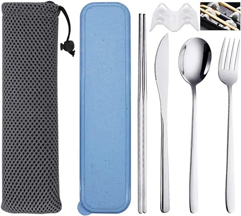 SITAKE 4 Piezas de Cubiertos para Llevar, Cubiertos Camping de Acero Inoxidable con Estuche y Bolsa de Almacenamiento, Juego de Palillos de Cuchillo, Tenedor y Cuchara para Oficina (Color-D)  