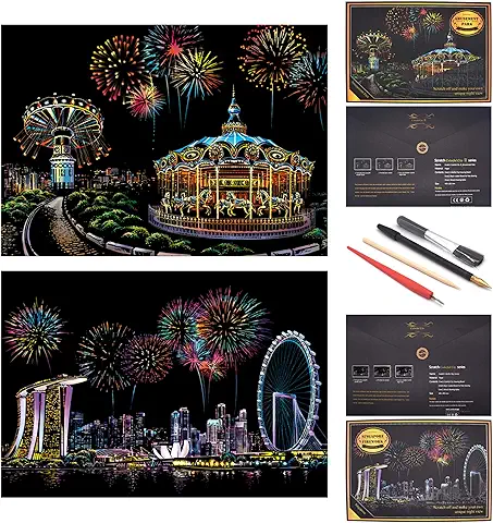 SiYear Boceto Scratch Paper Rainbow Painting, City Series Night Scene, Scratch Painting Creative Gift, Scratchboard Art para Adultos y Niños, con 4 Herramientas (Parque de Atracciones + Singapur)  