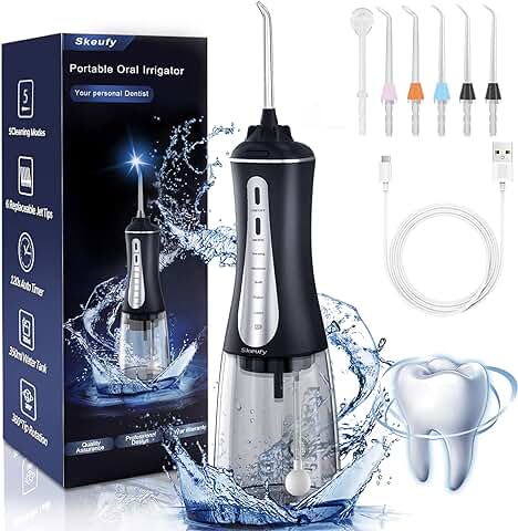 Skeufy Hilo Dental de agua para Dientes sin Cable, Potente hilo Dental con 6 Puntas de Chorro, IPX7 Impermeable con 5 Modos, Tanque de agua Portátil de 350 ml para Viajes y uso Doméstico  