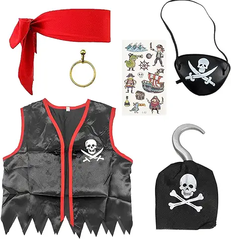 SKHAOVS Juego Completo de 6 Piezas de Disfraz de Pirata, Disfraz de Capitán Pirata, Disfraz de Pirata, kit de Accesorios de Disfraz de Pirata para Niños, Fiesta de Cumpleaños Temática Pirata, Disfraz  