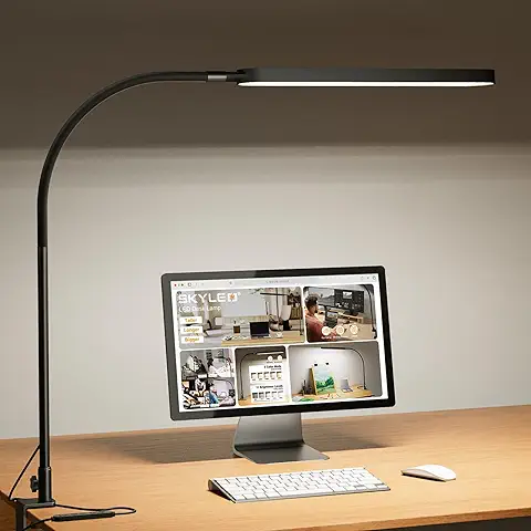 SKYLEO Lampara Escritorio LED - 85cm Flexo LED Escritorio - Control Táctil - 5 Modos X 11 Brillo - 1300LM(112 Piezas de Lámpara) - Temporizador y Función de Memoria - 12W Flexo Pinza - Negro  