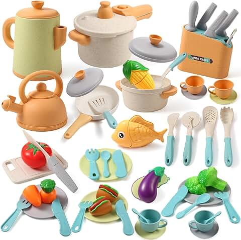 SLEMAKO Juguetes de Cocina para Niños Accesorios, Juego de Ollas y Sartenes, Utensilios de Cocina al aire Libre, Juego de chef para Cortar Alimentos Verduras, Juego de rol para Niños Mayores de 3 Años  