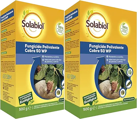 Solabiol Fungicida de Cobre Ecológico para Plantas 100% Orgánico con Acción Preventiva y Curativa, Incoloro, Pack 2 x 500 g  