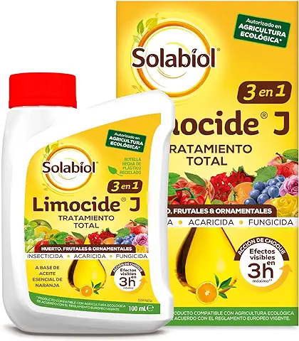 SOLABIOL | Limocide J | Triple Acción Ecológico | Insecticida, Acaricida, Fungicida | Cuidado Ecológico | Efectos Visibles en 3H | Sin Residuos | 100mL para 10L a 25L de agua  