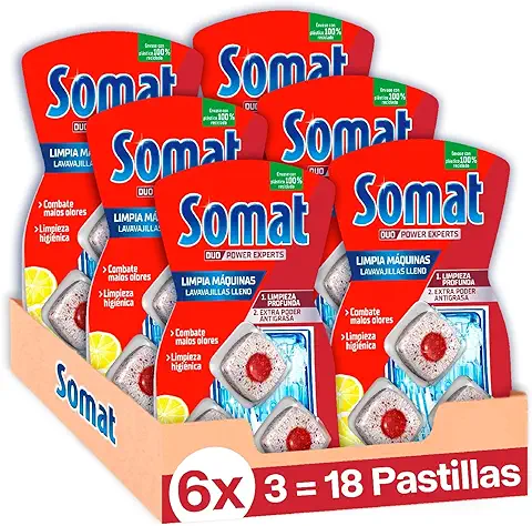 Somat Aditivo Lavavajillas Pastillas Limpia Máquinas (pack de 6, Total: 18 Dosis), Limpia Lavavajillas con foco Antigrasa, Limpiador para Lavavajillas Durante el Lavado  