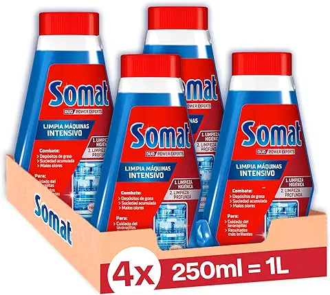 Somat Limpia Máquinas Aditivo Lavavajillas (pack de 4, Total: 1000 ml) para el Interior de la Máquina, Eficaz Limpiador  