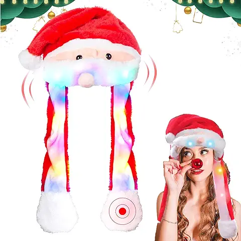 Sombrero Noel Luces,Gorro de Noel Con Luz LED,Gorro de Navidad de Peluche Mueve Orejas,Sombreros de Fiesta de Navidad,Sombrero de Noel para Adultos y Niños para Fiestas de Cumpleaños  