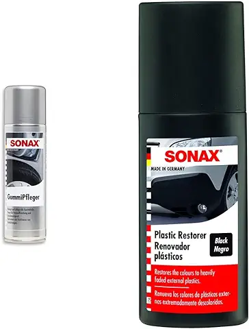 SONAX Producto para el Cuidado de la Goma (300 ml) Renovador de Goma, Neumáticos, Alfombrillas + Renovador Plásticos (100 ml) con Esponja Aplicadora | N.° 04091000-544  