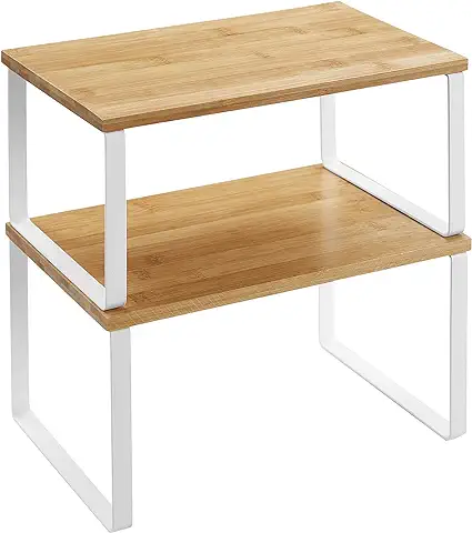 SONGMICS Estante para Especias, Juego de 2, Organizador de Armario, Estante de Almacenamiento de Cocina Extensible, Especiero de Metal y Madera de Ingeniería, Blanco y Natural KCS02NW  