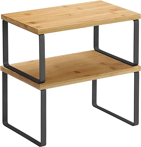 SONGMICS Estante para Especias, Juego de 2, Organizador de Armario, Estante de Almacenamiento de Cocina Extensible, Especiero de Metal y Madera de Ingeniería, Negro y Natural KCS02NB  