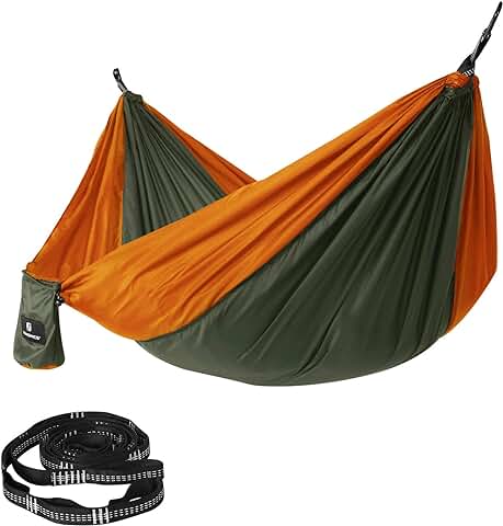 SONGMICS Hamaca de Camping, 275 x 140 cm, 300 kg Capacidad de Carga, Probado por el TÜV, con Correas Multi-Lazos y Mosquetones, Ligera, Secado Rápido, Transpirable, Verde Ejército y Naranja GDC14AO  